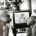 Fotografía promocional o de rodaje ('still') de las Tortugas Ninja viendo dibujos animados en la televisión
