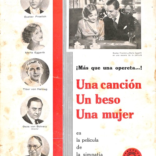 Programa o folleto publicitario de la película 'Una canción, un beso, una mujer'