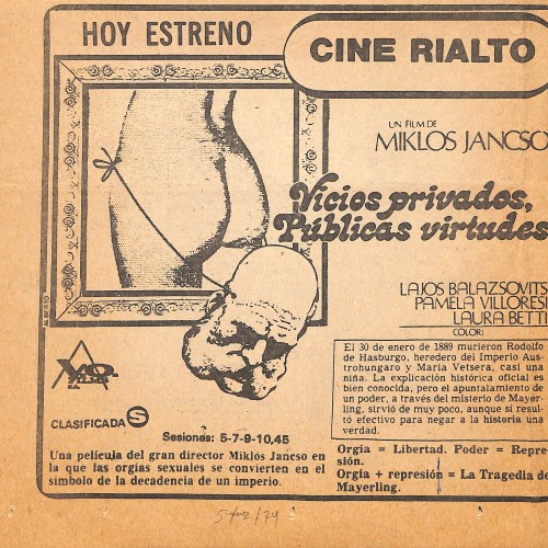 Recorte de prensa con anuncio de la película "Vicios privados, públicas virtudes"