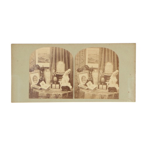 Vista estéreo de cartón Bodegón con Daguerrotipo Artístico