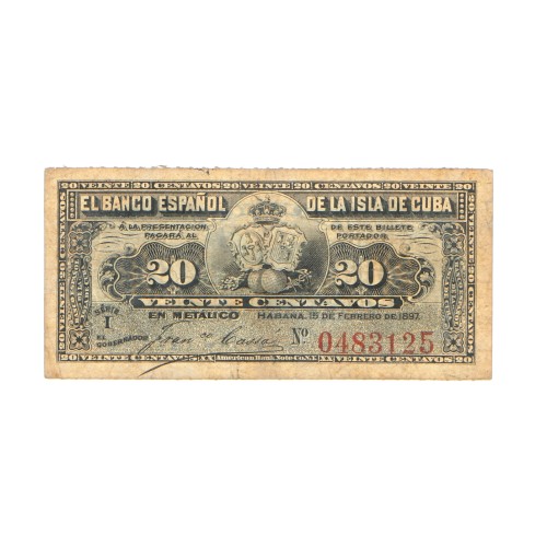 Billete de 20 centavos del banco español de la isla de cuba