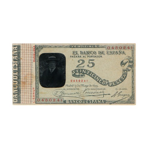 Ferrotipo de visita. Foto L. Canut. Billete 25 pesetas.